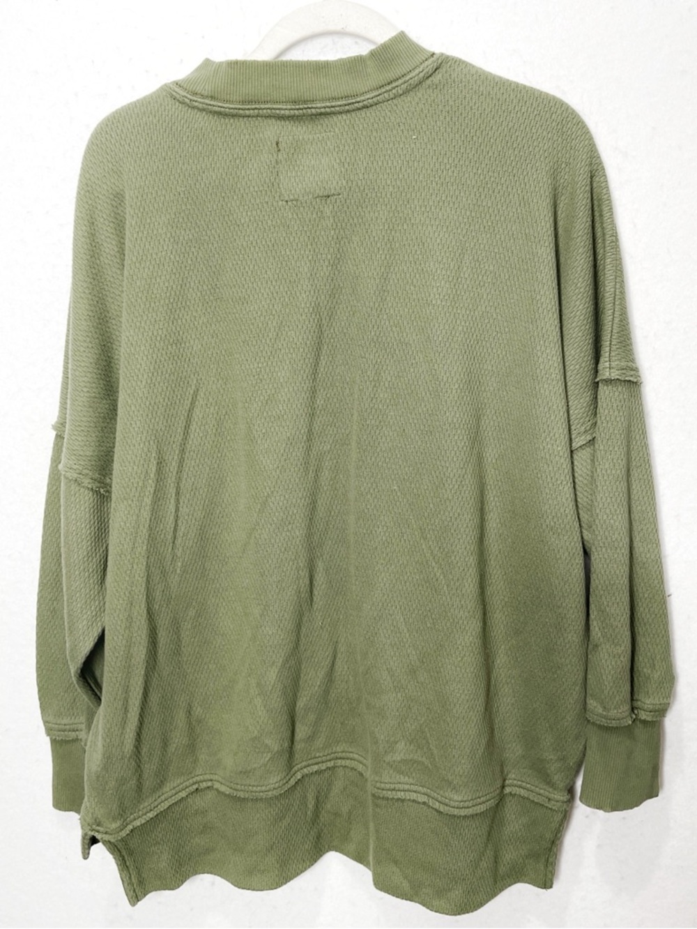 Aerie Big Chill Textured Crew Ribbed Oversized Sweatshirt Olive Green Distressed - Picture 4 of 8